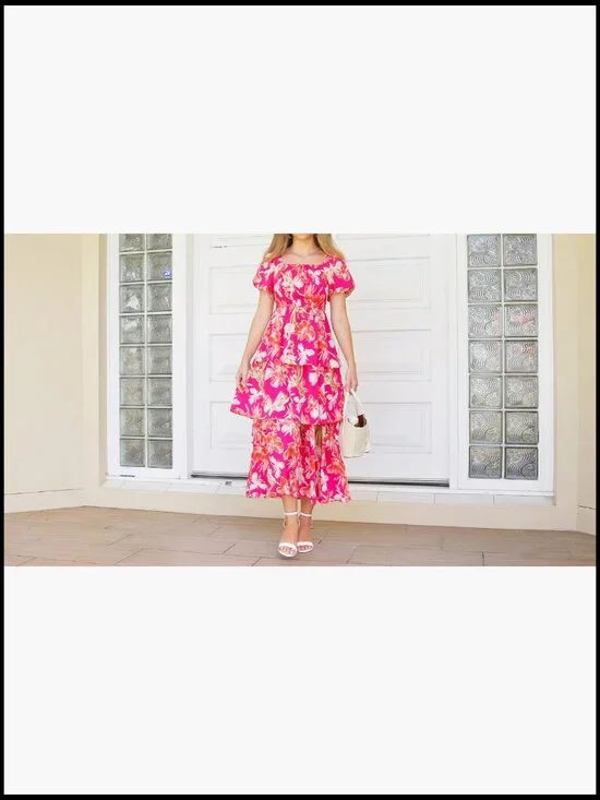 Square Neck Smocked Dress Puff Short Sleeve Floral Maxi Wedding Guest - Picture 7 of 7